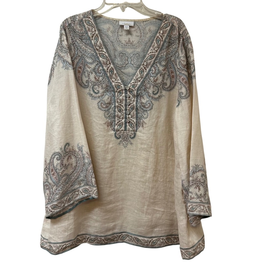 J. Jill Love Linen Paisley Tunic Top Beige Blue 3/4 Sleeve L Tall WTP239593